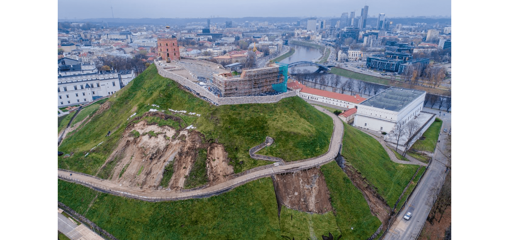 Aerial view of Gediminas castle showing slope failures